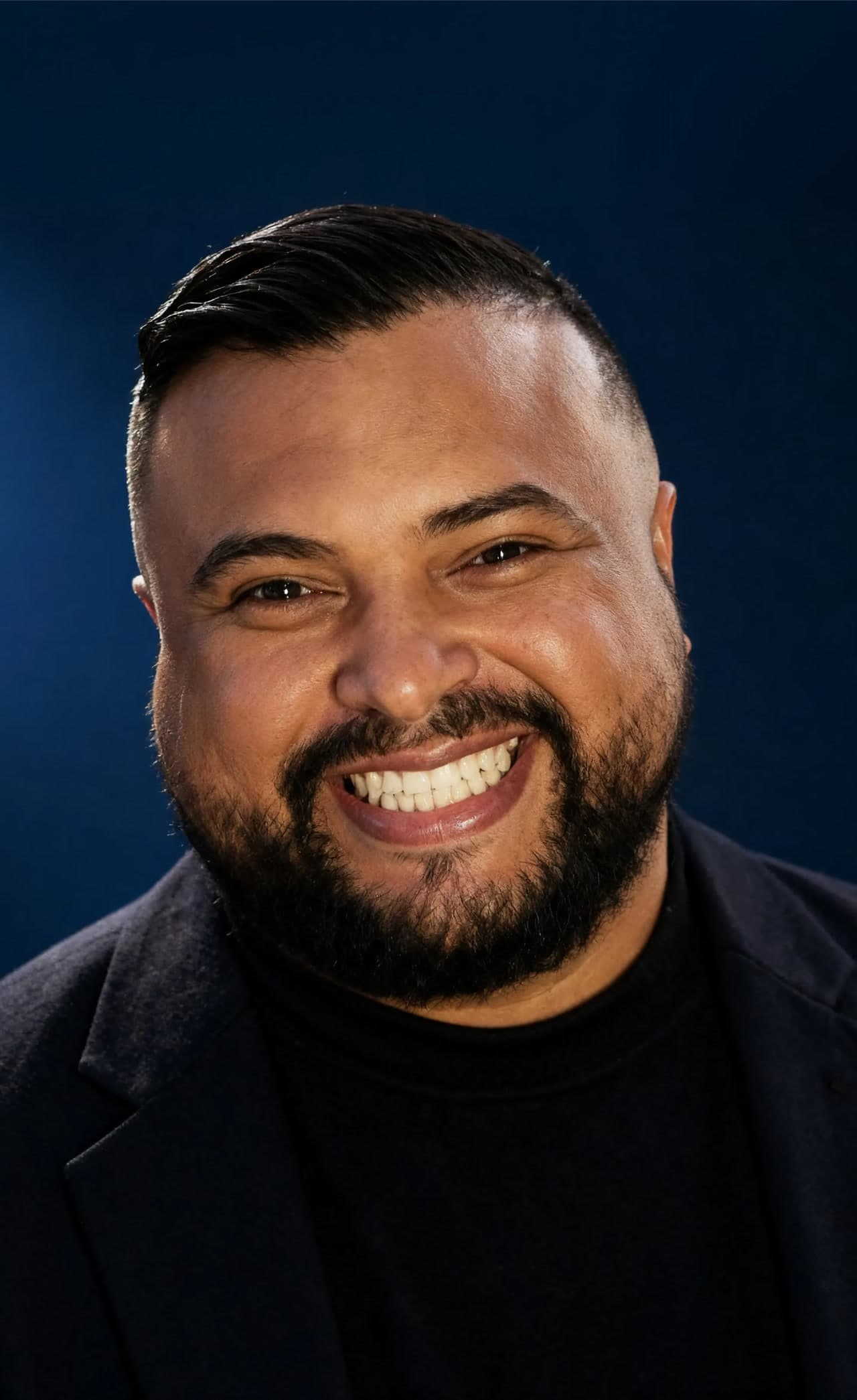 Retrato do Dr. Paulo Balbino, advogado, sorrindo em fundo azul-escuro